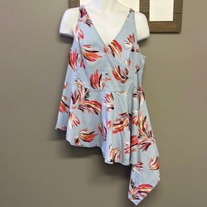Lane Bryant Pastel Blue Floral Asymmetrical V-Neck Top with Back Zipper- Size 16